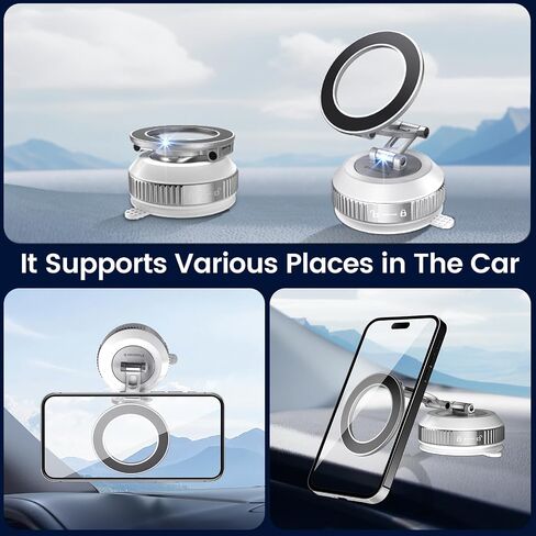 Tri-Folding Car Phone Holder for Magsafe[80+LBs Strongest Suction & 2850gf Strongest Magnetic], 360°Adjustable Phone Holders for Car, Suction Cup Phone Mount for iPhone17Pro Max /16/15/14Series，Sliver in Kuwait