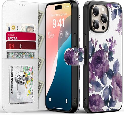 FUNMIKO for iPhone 16 Pro Case Wallet,Detachable Flip Folio Leather Cover,RFID Blocking 4 Card Slots Holder,Magnetic Kickstand,Protective Phone Shell for Women Girls,Vibrant Flowers in Saudi Arabia