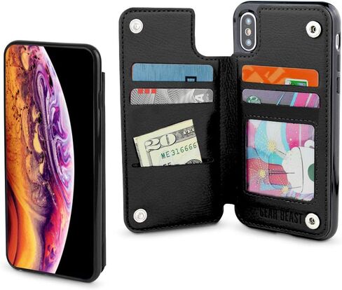 Gear Beast Lychee PU Leather Protective Top View Slim Wallet Case Fits iPhone Xs/X Includes Flip Folio Cover, with Three Card Slots Including Transparent ID Holder in Kuwait