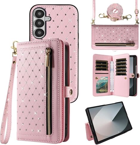 Asuwish Phone Case for Samsung Galaxy Z Fold 6 5G 2024 Zipper Wallet Detachable Cell Cover with Crossbody Strap Bling Flip Credit Card Holder ZFold6 Z6 G Fold6 ZFold 6Z Women Men Girls Black in Kuwait