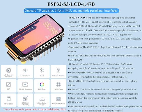 (2PCS) ESP32-S3 1.47inch LCD Display Development Board with Pre-Soldered Header, 172x320 Pixel, 262K Display Color, Supports 2.4GHz Wi-Fi/BLE 5, 240MHz LX7 Dual-Core Processor, ESP32 with Display in Kuwait