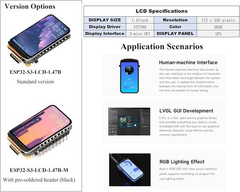 (2PCS) ESP32-S3 1.47inch LCD Display Development Board with Pre-Soldered Header, 172x320 Pixel, 262K Display Color, Supports 2.4GHz Wi-Fi/BLE 5, 240MHz LX7 Dual-Core Processor, ESP32 with Display in Kuwait