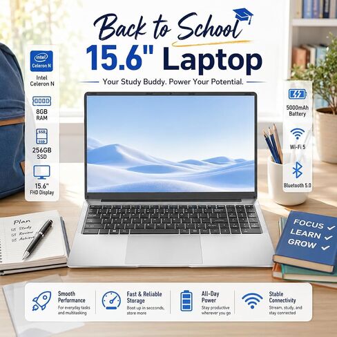 15.6" FHD IPS Laptop - 8GB RAM 256GB SSD, 4-Core Celeron N, Work Laptop Computer, USB 3.0, Win 11, Wi-Fi 5, BT5, Numpad, for Home Student and Business in Kuwait