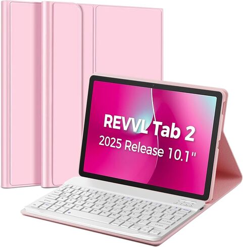 Case with Keyboard for T-Mobile REVVL Tab 2 Tablet 10.1 Inch 2025 Released, Slim PU Stand Cover with Magnetically Detachable Wireless Bluetooth Keyboard (Pink) in Kuwait