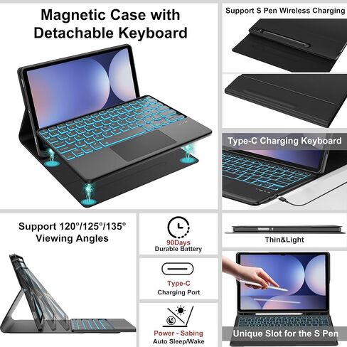 Keyboard Case for Samsung Galaxy Tab S10 Plus/S9FE Plus 12.4", Multi-Touch Trackpad, 7 Color Backlit, Detachable Wireless Bluetooth Keyboard, S Pen Holder, Smart Folio Cover for Galaxy Tab S10+/S9FE+ in Kuwait