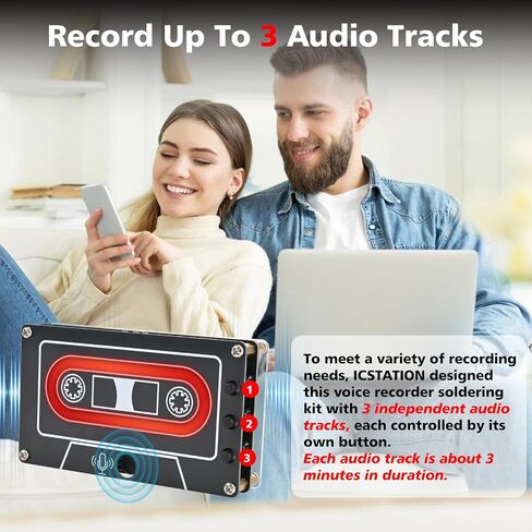 DIY Sound Recorder Soldering Kit, ICSTATION 10 Minutes Voice Recorder Soldering Project With 3 Independent Audio Tracks & LED Lights Adults Electronics Solder Learning Kit Present for Family Friends in Kuwait