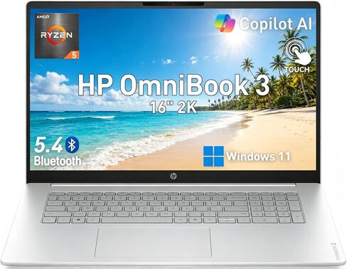 HP OmniBook 3 16" IPS 2K Touchscreen Laptop | AMD Ryzen 5 40 CPU, 16GB RAM, 512GB SSD | Windows 11, AI Noise Reduction, Long Battery Life, Bluetooth 5.4, Wi-Fi-6, FHD Privacy Camera, Glacier Silver in Kuwait
