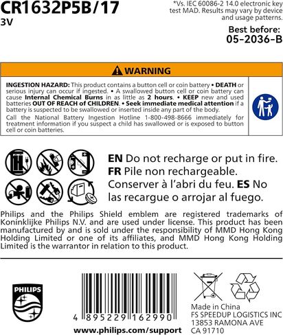 PHILIPS CR1632-10 Pack 3V Lithium Cell Batteries 10 Year Shelf Life in Saudi Arabia