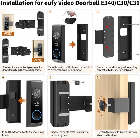 Anti-Theft Doorbell Camera Mount for Eufy Doorbell E340/C30/C31, No Drill Door Camera Mount for Eufy E340, Metal Door Camera Holder for Inward-Opening Doors, Suitable for Apartments, Rentals and Homes in Kuwait
