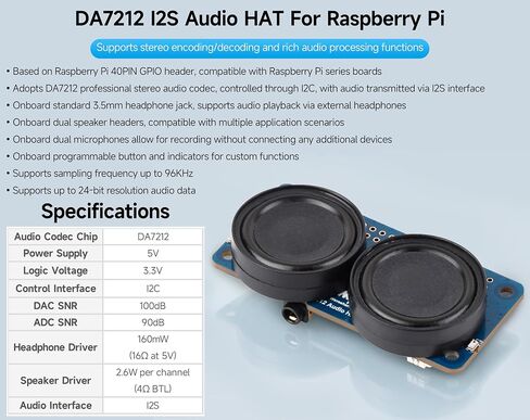 DA7212 I2S Audio HAT Type B, Compatible with Raspberry Pi Series Boards in Kuwait