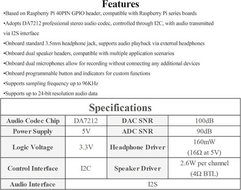 DA7212 I2S Audio HAT Type B, Compatible with Raspberry Pi Series Boards in Kuwait