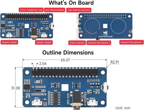 DA7212 I2S Audio HAT Type B, Compatible with Raspberry Pi Series Boards in Kuwait