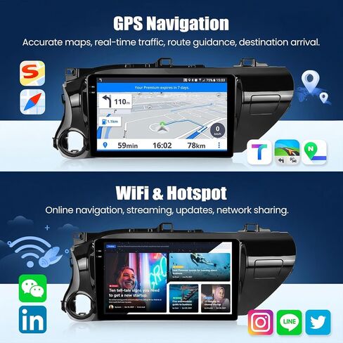 4+64G Car Stereo for Toyota Hilux 2015-2020 Android 15 with Wireless Carplay Android Auto, 10'' 1280 * 720P Touchscreen Bluetooth 5.0 GPS WiFi AHD Rear Camera FM RDS EQ SWC in Kuwait