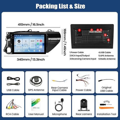 4+64G Car Stereo for Toyota Hilux 2015-2020 Android 15 with Wireless Carplay Android Auto, 10'' 1280 * 720P Touchscreen Bluetooth 5.0 GPS WiFi AHD Rear Camera FM RDS EQ SWC in Kuwait