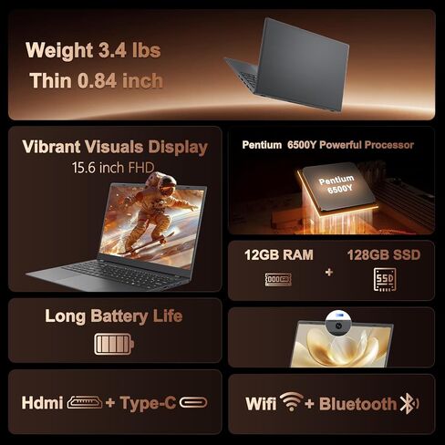 15.6 Inch Laptop Computer - 12GB RAM 128GB SSD, Pentium Gold 6500Y Processor (Beat N4500 Up to 3.4GHz), IPS FHD Display, Laptops for Students, Business, WiFi 5, BT5.0, HDMI, Type C in Kuwait