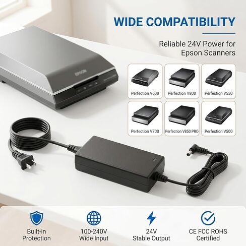 24V Power Supply Compatible with Epson Perfection V500 V550 V600 V700 B11B178011 V750 V800 V850 PRO 1650 2480 2580 3170 3490 3590 4180 4490 J221 J252 J252A 640U 1240U P60 TM-P80 DS-510 GT-S50 in Kuwait