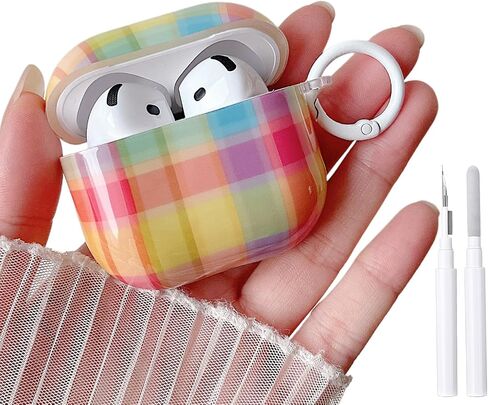 MINSCOSE for AirPods 4 Case,Cute Pastel Rainbow Striped Pattern Design with Trendy Keychain,Soft TPU Protective Shockproof Cover with Cleaner Kit for Girls Women for AirPods 4-Pink Green in Kuwait