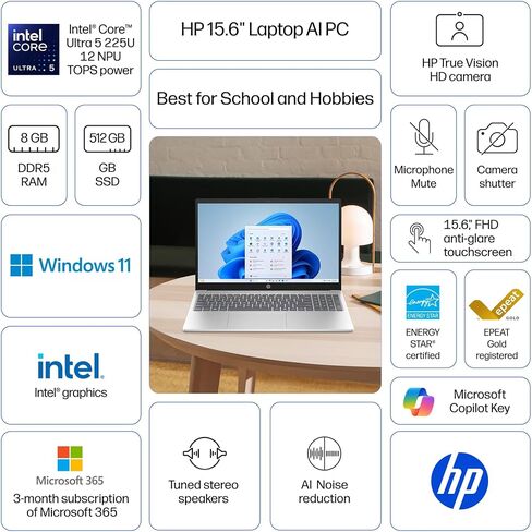 HP 15.6" Full HD Touch Screen Laptop Computer, Intel Core Ultra 5 225U, 8GB LPDDR5 RAM, 512GB Plce SSD, Wi-Fi 6, Ultra-Quiet Design, Long Battery Life, Windows 11 Pro, Natural Silver in Kuwait