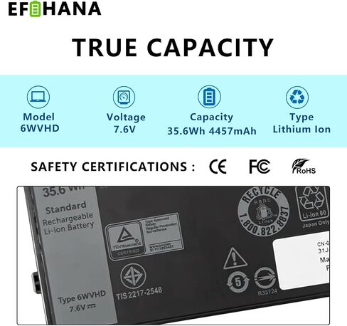 6WVHD Laptop Battery for Dell Latitude 7230 Rugged Extreme Tablet T06H001 Compatible with Dell T06H Replaces FNW8F 451-BDDY 0VDDJY VDDJY 0JM6CX JM6CX Series 7.6V 35.6Wh 4457mAh in Kuwait
