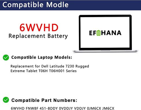 6WVHD Laptop Battery for Dell Latitude 7230 Rugged Extreme Tablet T06H001 Compatible with Dell T06H Replaces FNW8F 451-BDDY 0VDDJY VDDJY 0JM6CX JM6CX Series 7.6V 35.6Wh 4457mAh in Kuwait