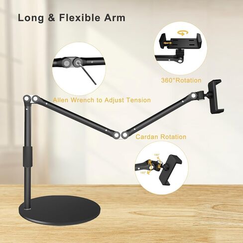 Overhead Phone Mount for Desk, 17" Long Arm Adjustable iPhone Holder, Heavy Duty Rotatable Stand for Video Recording, Live Streaming, Crafting, Cooking in Kuwait