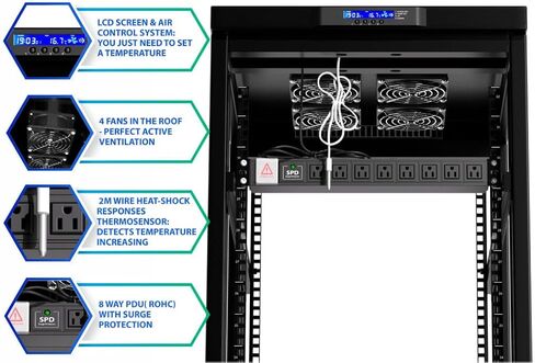Sysracks 27U Deep Server Rack Cabinet Enclosure Locking | 39-Inch Depth Network Equipment Rack Cabinet with Thermocontroller, LCD-Screen, 4 Fans, Power Strip, Shelf, Wheels, Dust-Tight Cable Entries in Kuwait