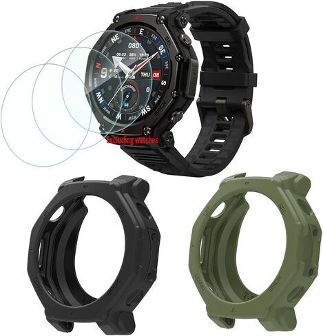 Compatible for amazfit t-rex 3 pro outdoor smart watch 48mm screen protector & Case,HD Tempered Glass Protective Film and Silicone Soft Cases (Pack of 3+2 )[Not for 44mm] in Kuwait