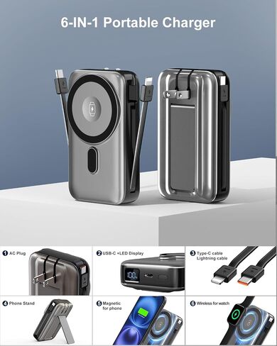 Magnetic Wireless Portable Charger for iPhone, 17000mAh 35W Wireless Power Bank with Wall Plug Built-in Cables, 6-in-1 Battery Pack with Stand, LCD Display for iPhone 16/15/14-Gray in Kuwait