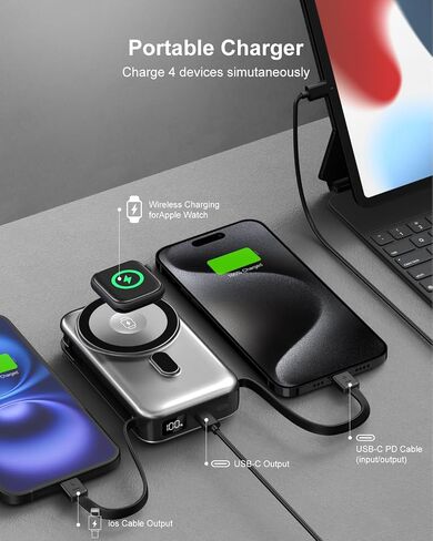 Magnetic Wireless Portable Charger for iPhone, 17000mAh 35W Wireless Power Bank with Wall Plug Built-in Cables, 6-in-1 Battery Pack with Stand, LCD Display for iPhone 16/15/14-Gray in Kuwait