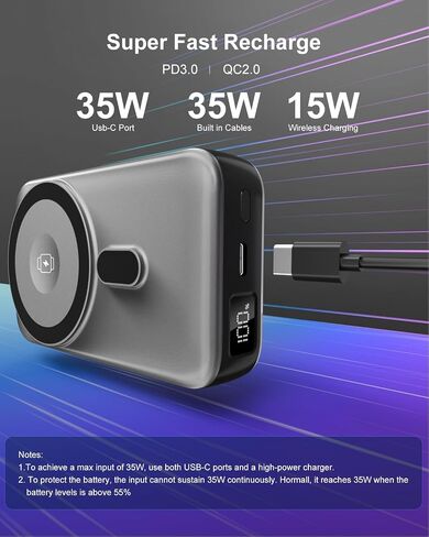 Magnetic Wireless Portable Charger for iPhone, 17000mAh 35W Wireless Power Bank with Wall Plug Built-in Cables, 6-in-1 Battery Pack with Stand, LCD Display for iPhone 16/15/14-Gray in Kuwait