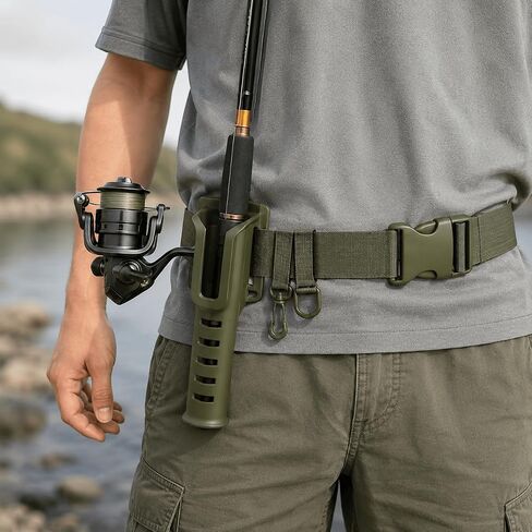 1 Piece Fishing Rod Holder Waist Belt Army Green Adjustable Nylon with Quick Release Buckle for Shore, Pier and Bank in Kuwait