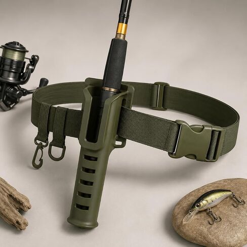 1 Piece Fishing Rod Holder Waist Belt Army Green Adjustable Nylon with Quick Release Buckle for Shore, Pier and Bank in Kuwait