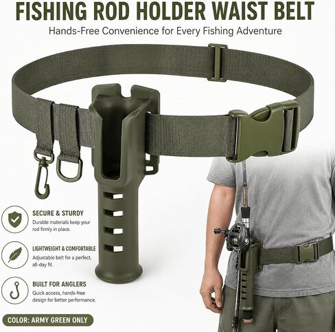 1 Piece Fishing Rod Holder Waist Belt Army Green Adjustable Nylon with Quick Release Buckle for Shore, Pier and Bank in Kuwait