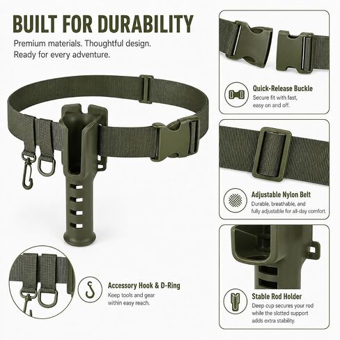 1 Piece Fishing Rod Holder Waist Belt Army Green Adjustable Nylon with Quick Release Buckle for Shore, Pier and Bank in Kuwait