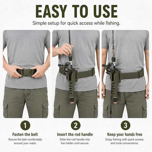 1 Piece Fishing Rod Holder Waist Belt Army Green Adjustable Nylon with Quick Release Buckle for Shore, Pier and Bank in Kuwait