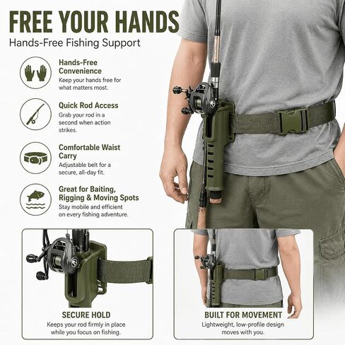 1 Piece Fishing Rod Holder Waist Belt Army Green Adjustable Nylon with Quick Release Buckle for Shore, Pier and Bank in Kuwait