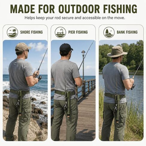 1 Piece Fishing Rod Holder Waist Belt Army Green Adjustable Nylon with Quick Release Buckle for Shore, Pier and Bank in Kuwait