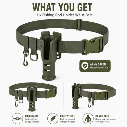 1 Piece Fishing Rod Holder Waist Belt Army Green Adjustable Nylon with Quick Release Buckle for Shore, Pier and Bank in Kuwait
