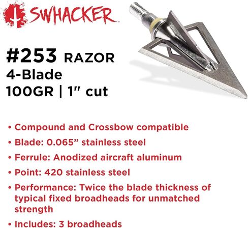 Swhacker #253 Razor Series Fixed 4-Blade Broadhead, 100 Grain, 1" Cut, 35° Blade Angle, Archery Hunting Broadheads, 3 Pack in Kuwait