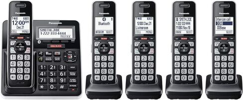 Panasonic Cordless Phone with Answering Machine, Advanced Call Block, Link2Cell Bluetooth, One-Ring Scam Alert, 2-Way Recording, Spam/Robocall Protection & 5 Handsets - KX-TGF975B (Black/Silver Trim) in Kuwait