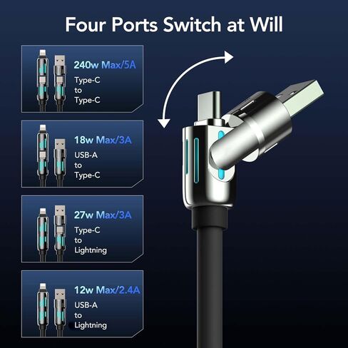 MFish 240W 4-in-1 Fast Charging Cable, Black, 10FT in Kuwait