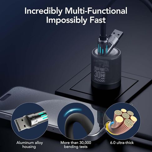 MFish 240W 4-in-1 Fast Charging Cable, Black, 10FT in Kuwait
