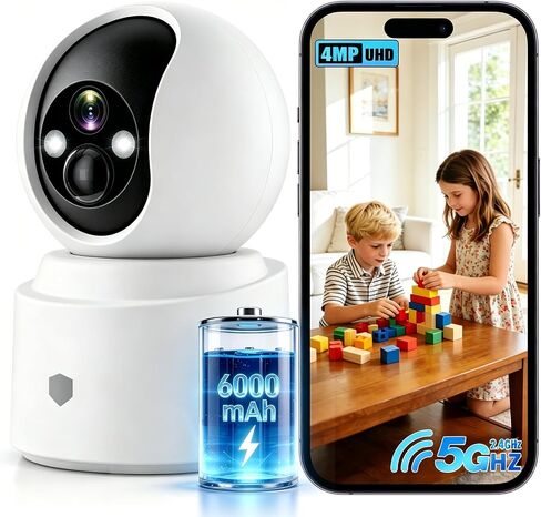 Noonkey Home Camera Indoor, 4MP Pan/Tilt Wireless Security Camera with 6000mAh Battery, 5G&2.4G WiFi6, AI Motion Detection, 2-Way Audio, Color Night Vision, Alexa Supported, 1-Pack in Kuwait