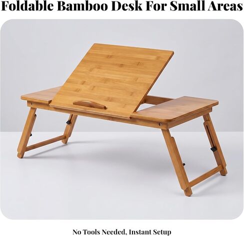 Folding Made of Bamboo Wood Finish Adjustable Height Side Legs Sturdy Tray Table for Laptop Book Flat Storage Suitable for Bedroom Reading Living Room Sofa, Medium, 64 Cm in Kuwait