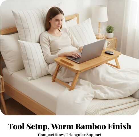 Folding Made of Bamboo Wood Finish Adjustable Height Side Legs Sturdy Tray Table for Laptop Book Flat Storage Suitable for Bedroom Reading Living Room Sofa, Medium, 64 Cm in Kuwait
