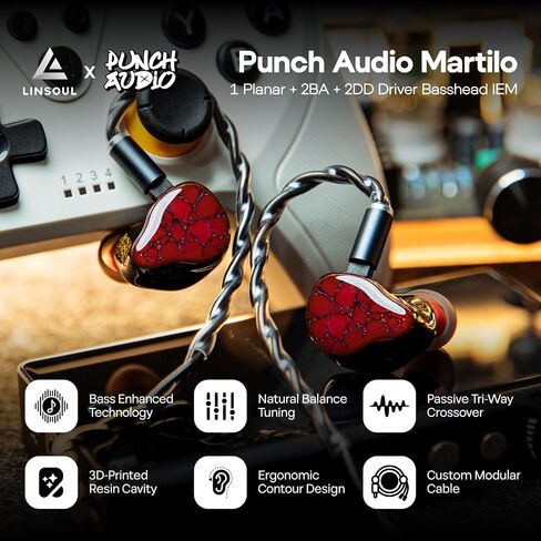 Linsoul Punch Audio Martilo in Ear Monitor, 1 Planar + 2BA + 2DD Hybrid Driver Basshead IEM Earphones + ZiiGaat PELLEPOD Leather Earbud Case in Kuwait