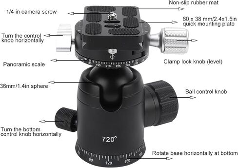 720° Panoramic SLR Camera Ball Head, Wireless Video Ball Head, Aluminum Alloy 36mm Ball Head with Level Vial and Quick Release Plate for DSLR Mirrorless Cameras in Kuwait