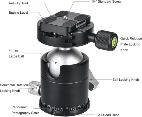 Luocute Aluminum Alloy Tripod Ball Head, 44mm Panorama Ballhead with 1/4 Plate and Bubble Level, for DSLR Camera and Telephoto Lens in Kuwait