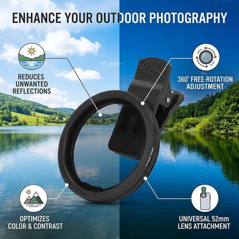Phone Polarizing Filter for Outdoor Photography, 52mm Reduce Reflections Improve Color 360 Adjustable Photography CPL Filter in Kuwait