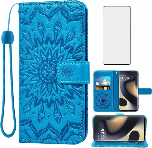 Asuwish Phone Case for Motorola Edge 2024 5G Wallet Cases with Tempered Glass Screen Protector and Sunflower Leather Slim Flip Cover Card Holder Stand Cell Accessories Moto Edge2024 Women Men Blue in Kuwait